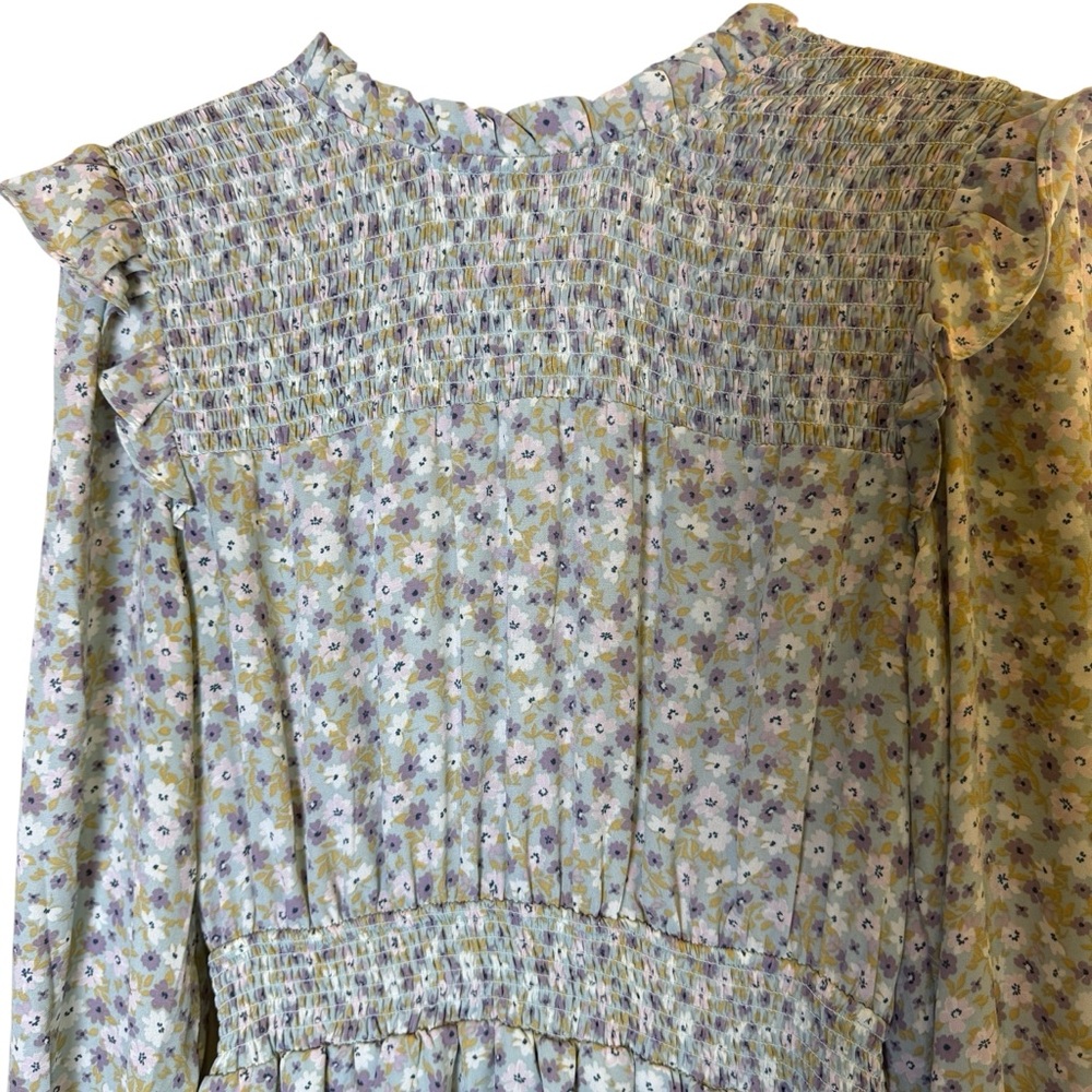 By The River Floral Pastel Mini Dress with Smocking and Ruffle Accents sz L - Picture 2 of 12